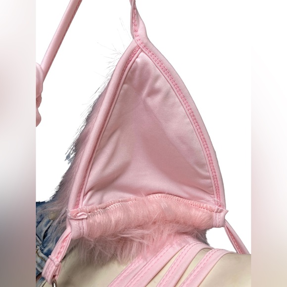 C.BRIDGETT Pink Faux Fur Triangle Criss Cross Festival Halter Crop Bikini Top, M - Picture 9 of 9